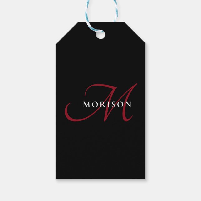 Elegant Modern Black Red Script Monogram Presentetikett (Framsidan)