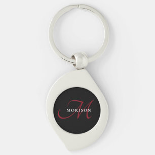 Elegant Modern Black Red Script Monogram Swirl Silverfärgad Nyckelring