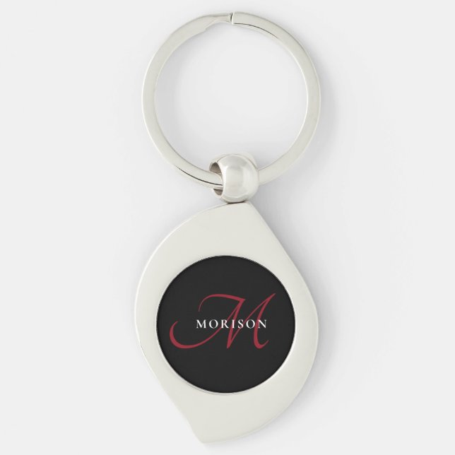 Elegant Modern Black Red Script Monogram Swirl Silverfärgad Nyckelring (Framsidan)