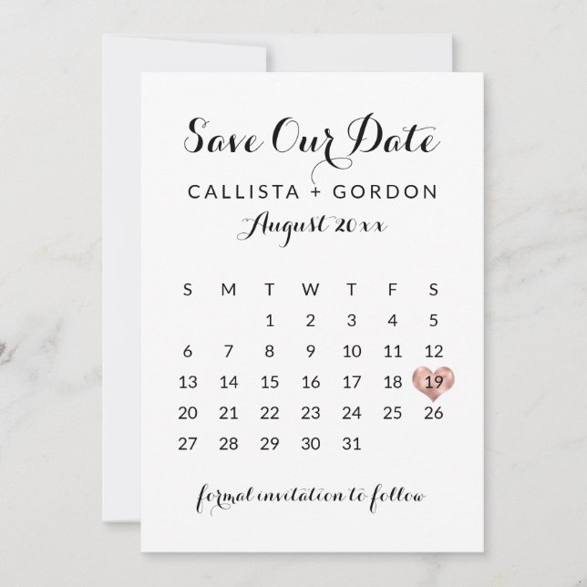 Elegant Modern Black Ro Guld Heart Calendar Spara Datumet (Framsida)