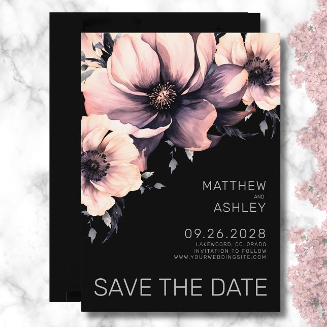 Elegant Modern Black Rosa Blommigt Bröllop Spara Datumet (Modern Floral Black White Wedding Reply RSVP Enclosure Card)