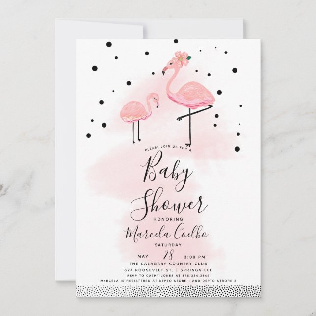 Elegant Modern Black & Rosa Flamingo Baby Shower Inbjudningar (Framsida)