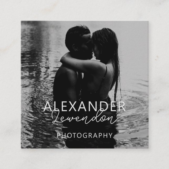 Elegant Modern Black Script Photo Minimal QR-kod Fyrkantigt Visitkort (Framsida)