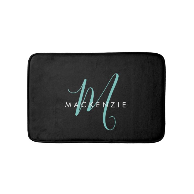 Elegant Modern Black Teal Script Monogram Badrumsmatta (Framsidan)