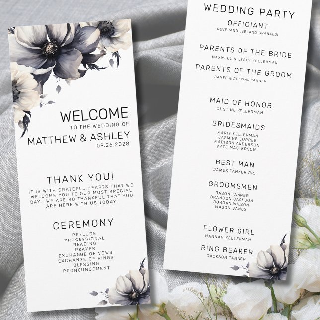 Elegant Modern Black White Blommigt Bröllop Ceremo Program (Elegant Modern Floral Black White Wedding Ceremony Program)