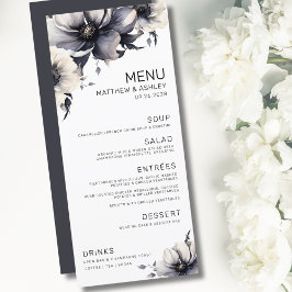 Elegant Modern Black White Blommigt Bröllop Meny