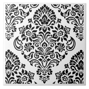 Elegant Modern Black White Damask Pattern, Trendig Kakelplatta
