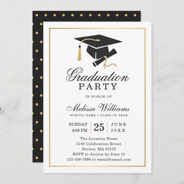 Elegant Modern Black White Guld Studentfest Inbjudningar (Fram/baksida)