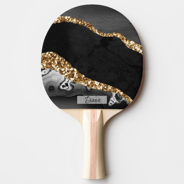 Elegant Modern Black White Liquid Marble Namn Pingisracket (Framsidan)