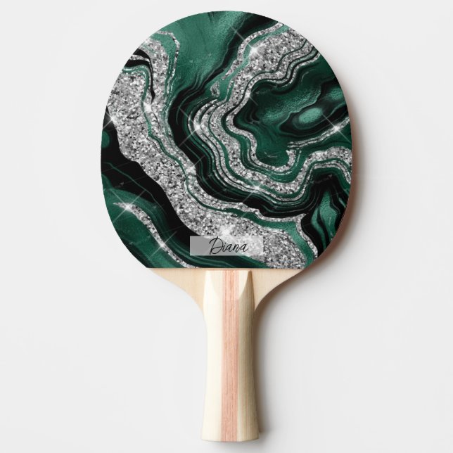 Elegant Modern Black White Liquid Marble Namn Pingisracket (Framsidan)