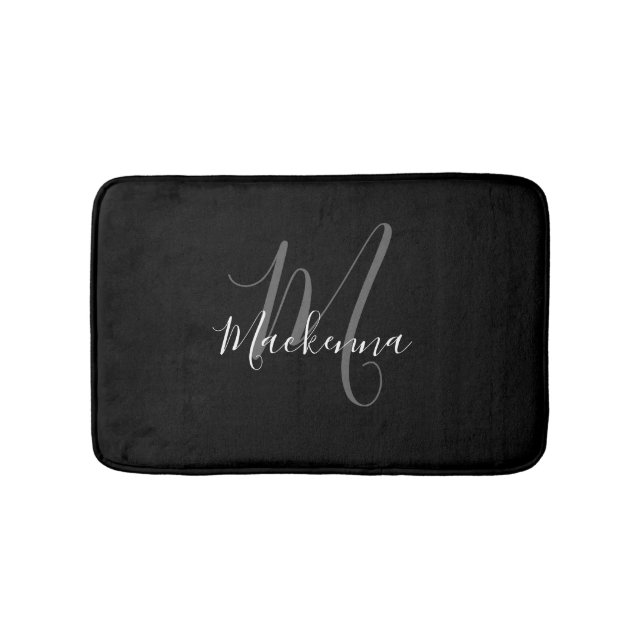 Elegant Modern Black White Monogram Namn Badrumsmatta (Framsidan)