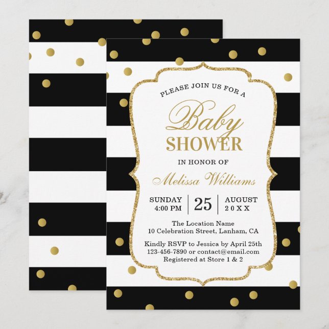 Elegant Modern Black White Rand Baby Shower Inbjudningar (Fram/baksida)