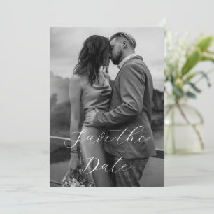 Elegant Modern Black White Script Photo Bröllop Spara Datumet