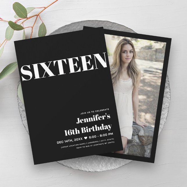 ELEGANT Modern Black & White Sweet 16 Typography Inbjudningar (ELEGANT Modern Black & White Sweet 16 Typography Invitation)