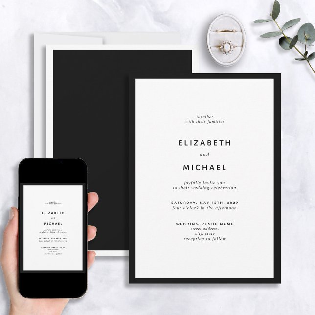 Elegant Modern Black & White Typography Bröllop Inbjudningar (Skapare uppladdad)