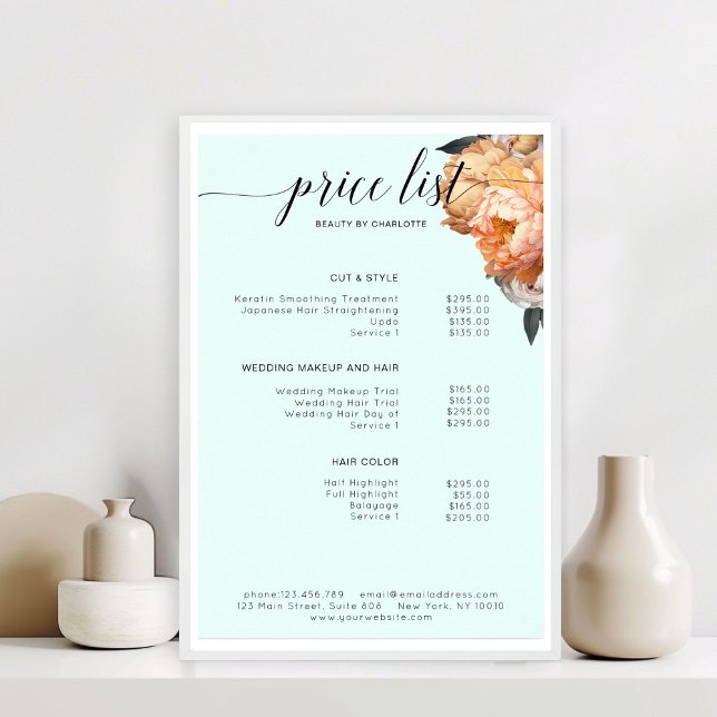 Elegant, Modern, Blommig Peony Prislista  Poster (Elegant, Modern, Floral Peony Price List )