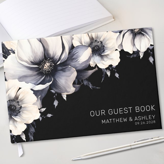 Elegant Modern Blommig Svart Vit Bröllop Gästböcker (Chic Modern Floral Black White Wedding Guest Book)