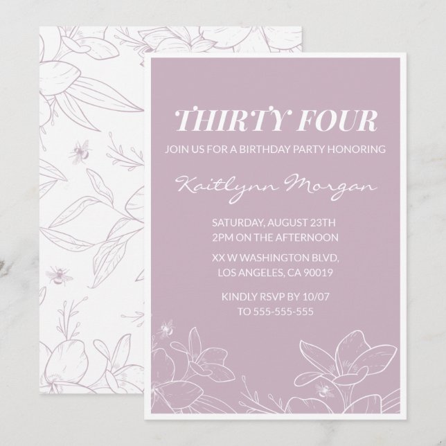 Elegant Modern Blommigt 34-årsinbjudningar Inbjudningar (Fram/baksida)