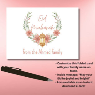 Elegant Modern Blommigt Eid Mubarak Namn Rosa Whit Kort