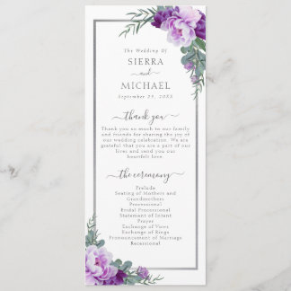 Elegant Modern Blommigt Lila och Silver Bröllop Program