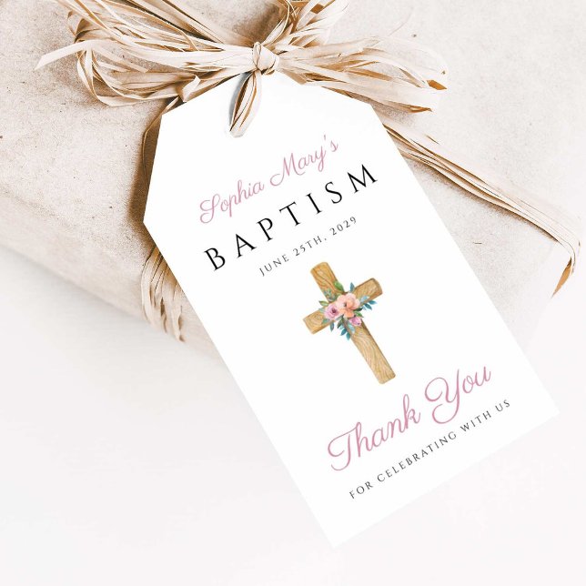 Elegant Modern Blommigt Religiösa Kor-baptism Presentetikett (Elegant Modern Floral Religious Cross Baptism Gift Tags)
