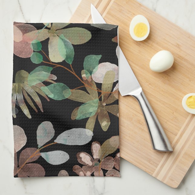 Elegant Modern Blommigt vattenfärg på svart Kökshandduk (Vikt i Fjärdedel)