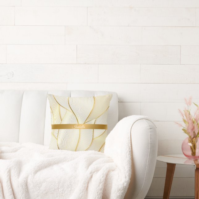 Elegant Modern Blommigt White Line Collection Guld Kudde (Soffa)