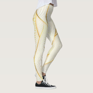 Elegant Modern Blommigt White Line Collection Guld Leggings