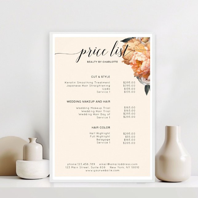 Elegant, modern, blomsterpaone prislista  poster (Elegant, Modern, Floral Peony Price List )