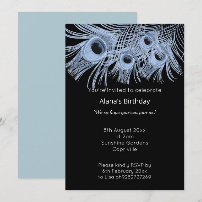 ELEGANT MODERN BLUE BLACK PEACOCK FEATHERS INBJUDNINGAR (Fram/baksida)
