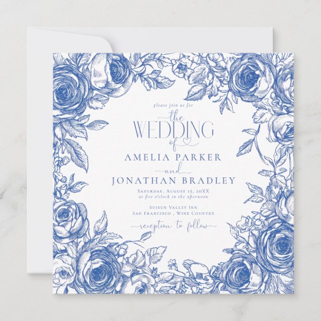 Elegant Modern Blue Blommigt Bröllop Inbjudningar (Framsida)
