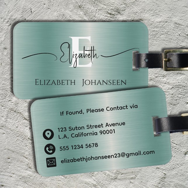 Elegant Modern Blue Brushed Metall Monogrammed Bagagebricka (Skapare uppladdad)