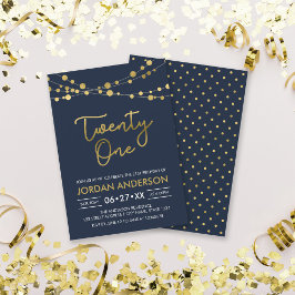 Elegant Modern Blue Faux Guld Ljus 21:a födelsedag Inbjudningar