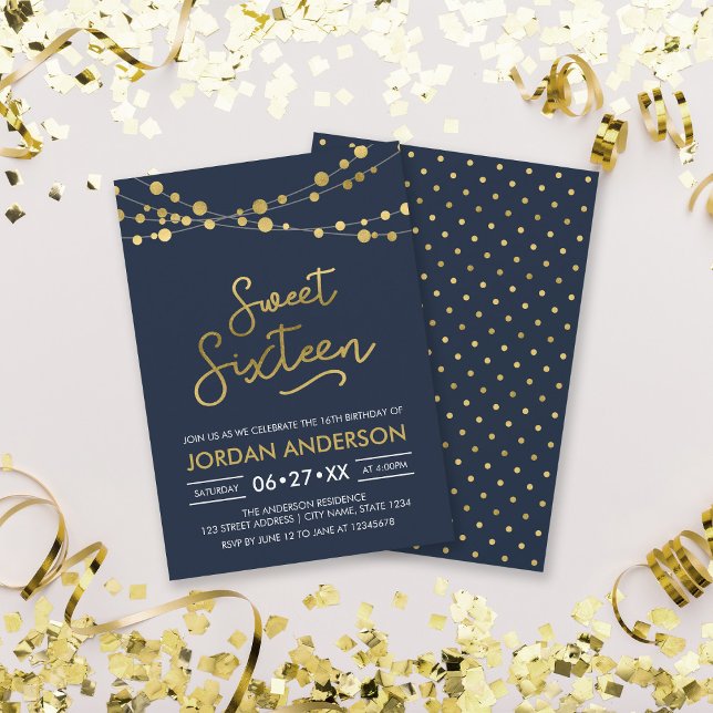 Elegant Modern Blue Faux Guld Ljus Sweet sixteen Inbjudningar (Skapare uppladdad)