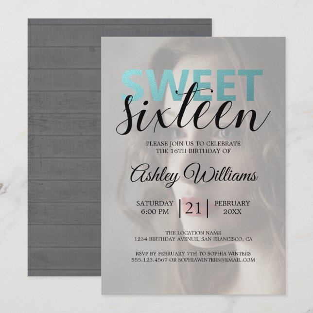 Elegant Modern Blue Foil Elegant Sweet 16 Photo Inbjudningar (Fram/baksida)