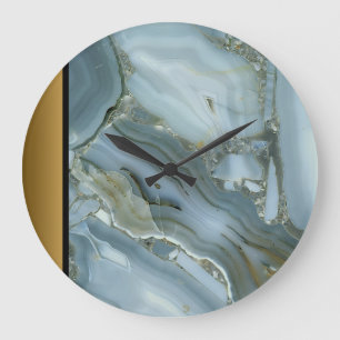 Elegant Modern Blue Grått Guld Marble Mönster Stor Klocka