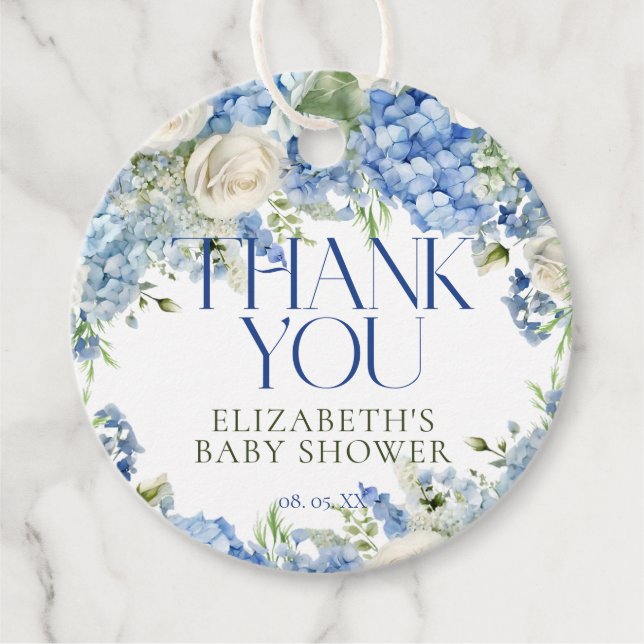 Elegant Modern Blue Hydrangea Blommigt Tack Gåvor Etiketter (Framsida)