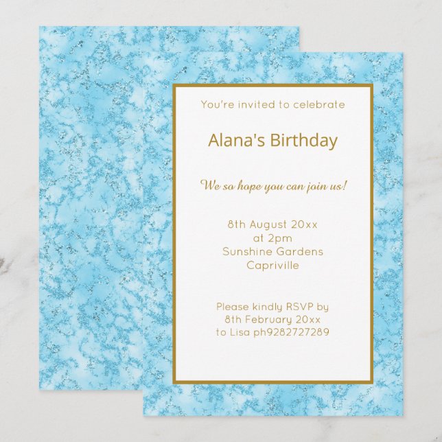 ELEGANT MODERN BLUE MARBLE GLITTER ENMPLE INBJUDNINGAR (Fram/baksida)