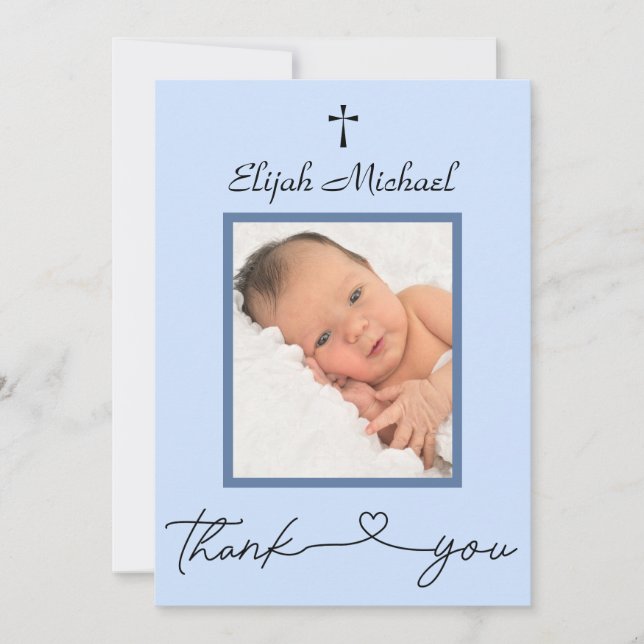 Elegant Modern Blue Photo Baptism Tackkort Tack Kort (Framsida)