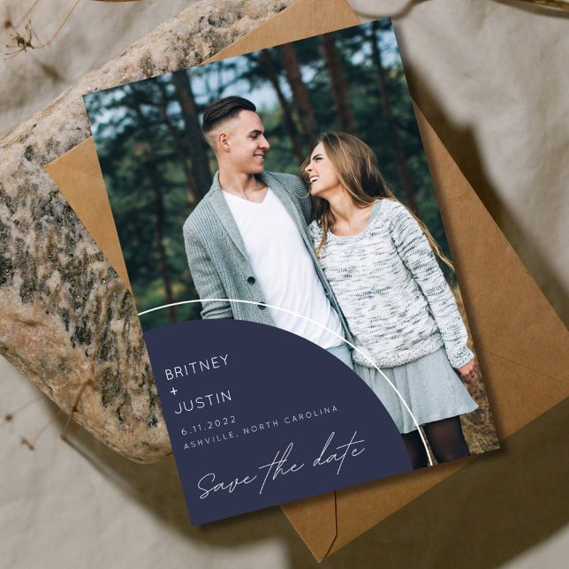 Elegant Modern Blue Photo Bröllop Spara Datumet (Modern Photo Wedding save the dates  )