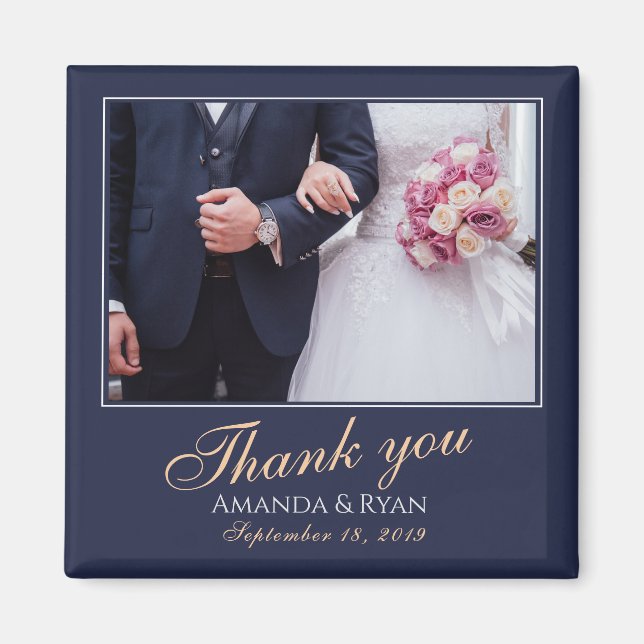 Elegant Modern Blue Photo Tack Bröllop Magnet (Framsidan)