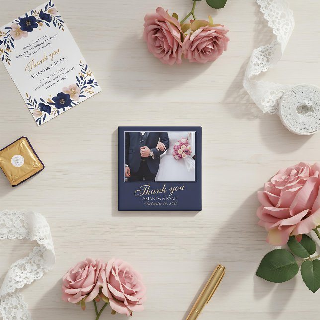 Elegant Modern Blue Photo Tack Bröllop Magnet (Skapare uppladdad)