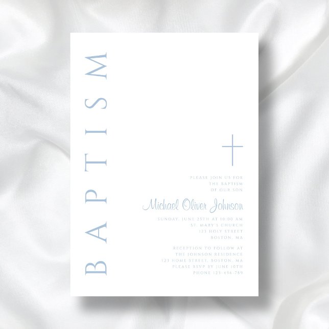 Elegant Modern Blue Script Kor Boy Baptism Inbjudningar (Elegant Modern Blue Script Cross Boy Baptism Invitation)