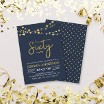 Elegant Modern Blue String of Ljus 60 Birthday Inbjudningar<br><div class="desc">Elegant 60:e Födelsedagsfest inbjudan med strängar av ljus och ord 60 i faux guld mot mörk blått bakgrund. Kortet innehåller en matchande baksida för mönster. Kolla in andra matchande objekt här https://www.zazzle.com/collections/strings_of_lights_faux_gold_celebration_collection-119311942951401241?rf=238364477188679314 Anpassa den genom att ersätta platshållartexten för att lägga till information. Om du vill ha fler alternativ klickar du...</div>