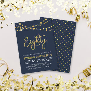 Elegant Modern Blue String of Ljus 80 Birthday Inbjudningar