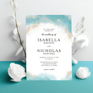 Elegant Modern Blue Watercolor Guld Bröllop Inbjudningar