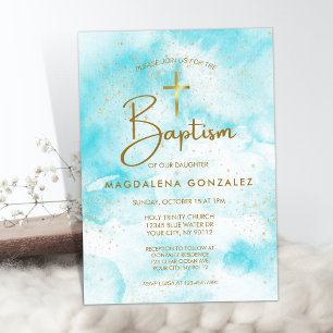 Elegant Modern Blue Watercolor Guld Kor Baptism Inbjudningar