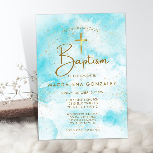 Elegant Modern Blue Watercolor Guld Kor Baptism Inbjudningar (Skapare uppladdad)