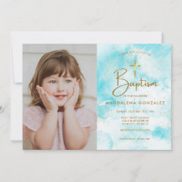 Elegant Modern Blue Watercolor Guld Kor Baptism Inbjudningar