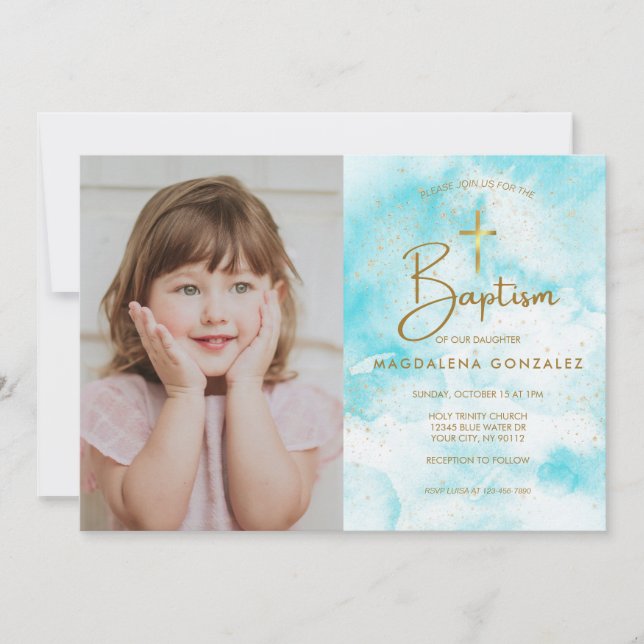 Elegant Modern Blue Watercolor Guld Kor Baptism Inbjudningar (Framsida)